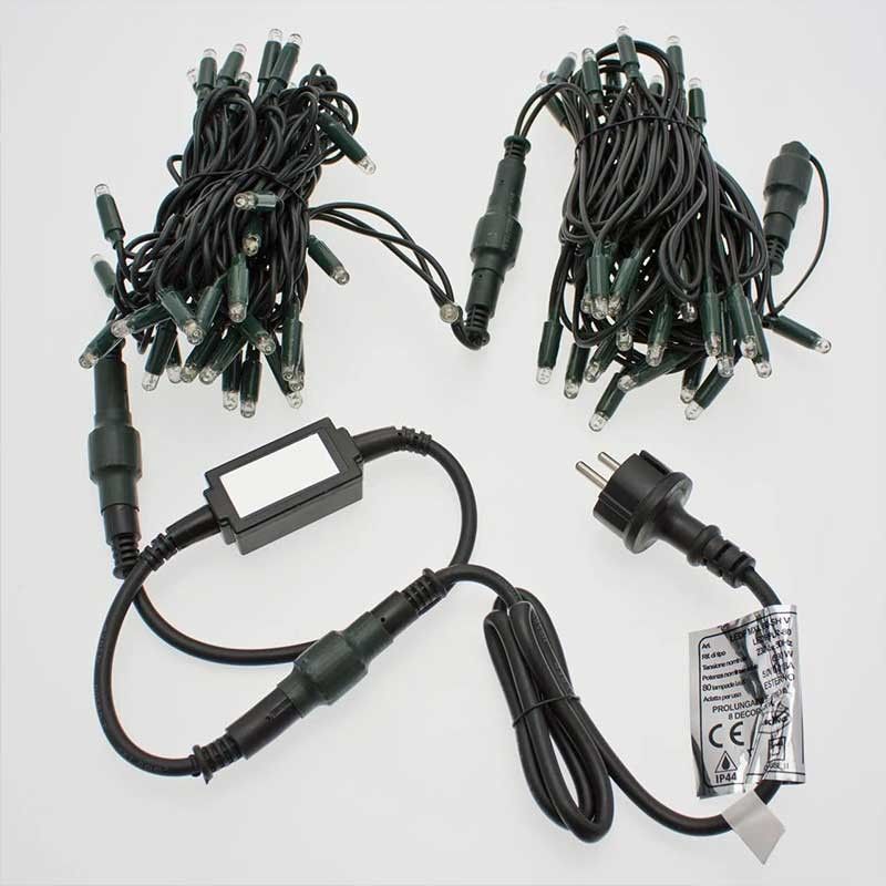 Serie di Luci da 10 metri con 135 Led Bianco Caldo + 15 Flash, Cavo in Caucciù Verde Professionale, Connettibile, Uso Esterno