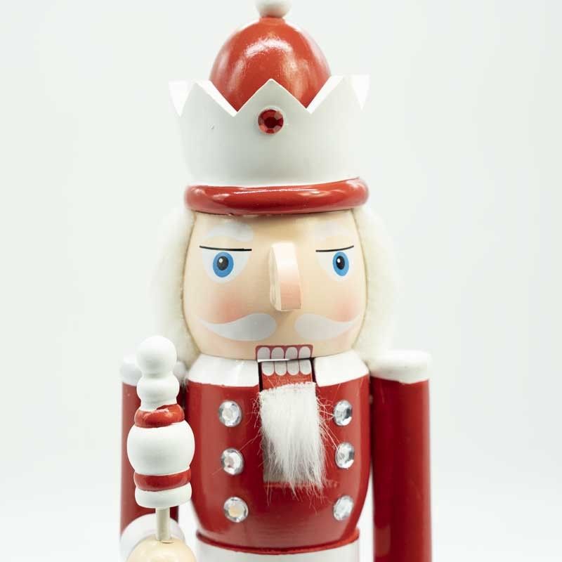 Schiaccianoci Natalizio in Legno Bianco e Rosso con Corona e Scettro H.38 cm