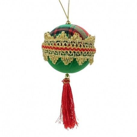 Palla di Natale Verde con Nappa Rossa e Ricami Oro D.8 cm