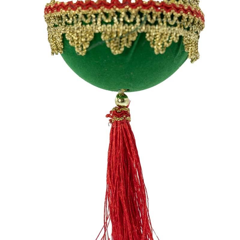 Palla di Natale Verde con Nappa Rossa e Ricami Oro D.8 cm