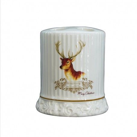 Porta Spazzolini in Ceramica Bianca con Renna H.9 cm