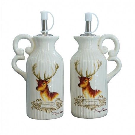 Set Olio e Aceto in Ceramica Bianco con Renna H.16 cm