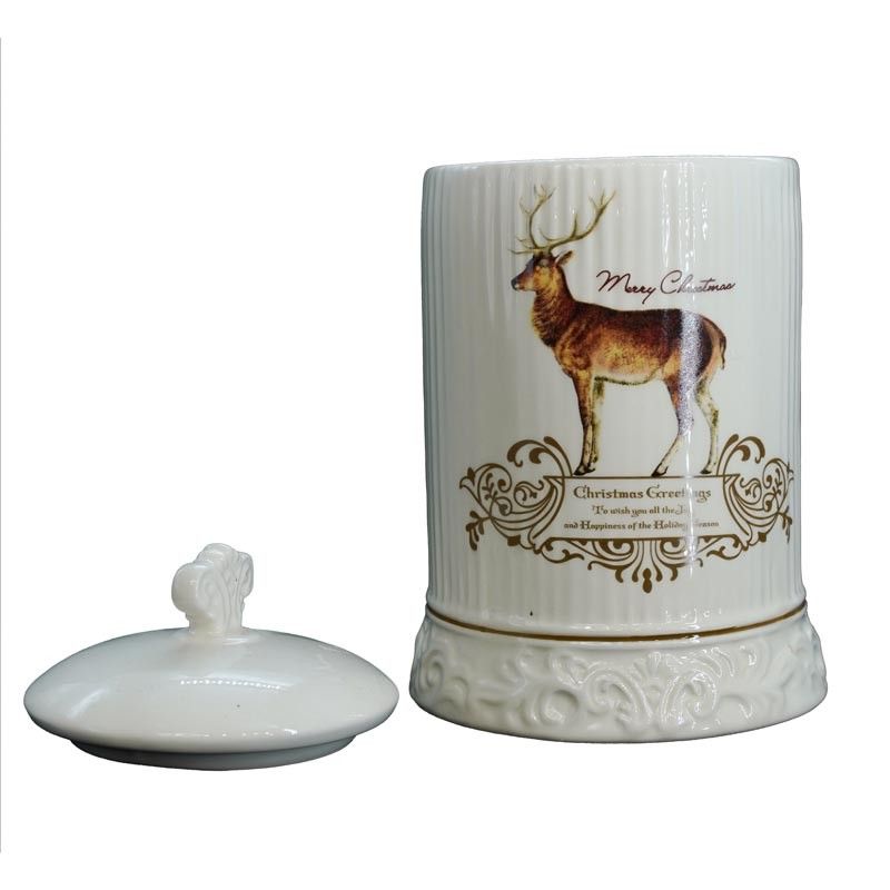 Contenitore Grande in Ceramica Bianca con Renna H.20 cm