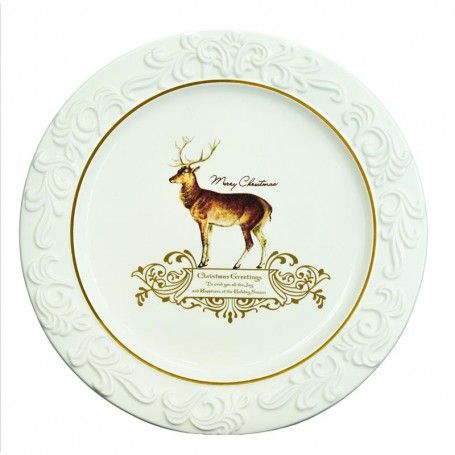 Piatto Tondo in Ceramica Bianco con Renna D.25,5 cm