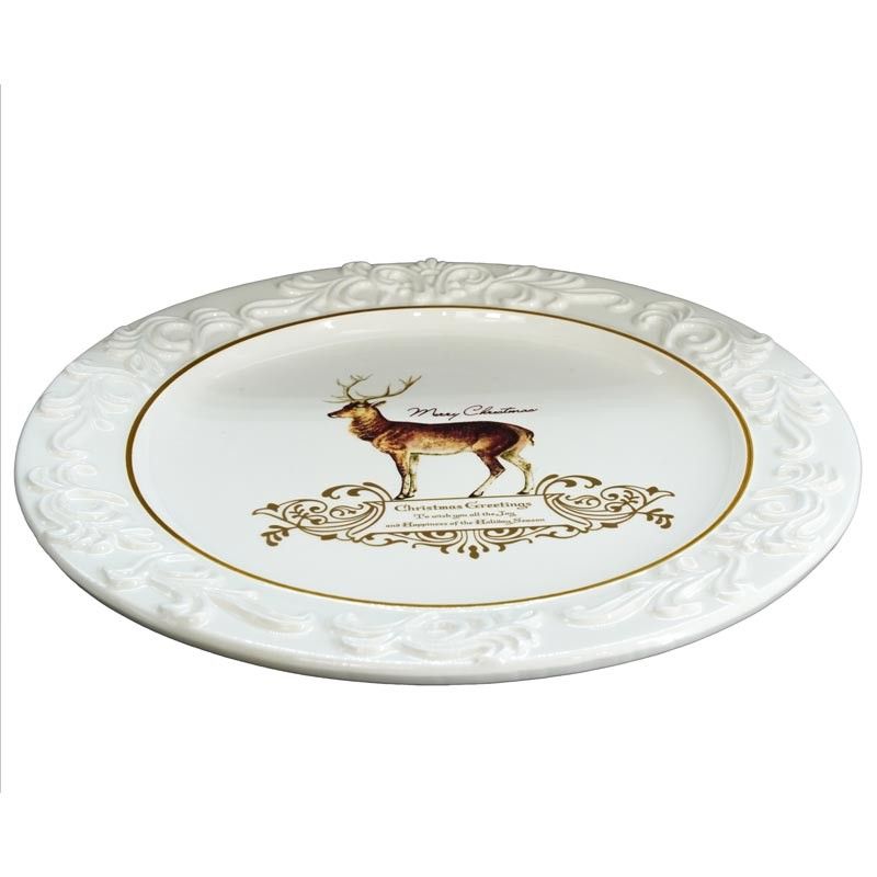 Piatto Tondo in Ceramica Bianco con Renna D.25,5 cm