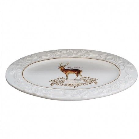 Piatto Ovale in Ceramica Bianca con Renna 29x19,5 cm