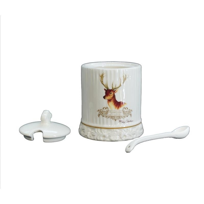 Vassoio con Zuccheriera e Tazza in Ceramica Bianca con Renna