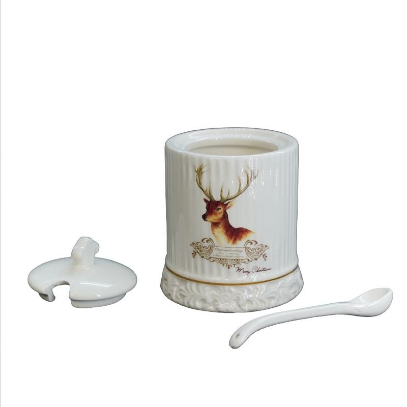 Vassoio con Zuccheriera e Tazza in Ceramica Bianca con Renna