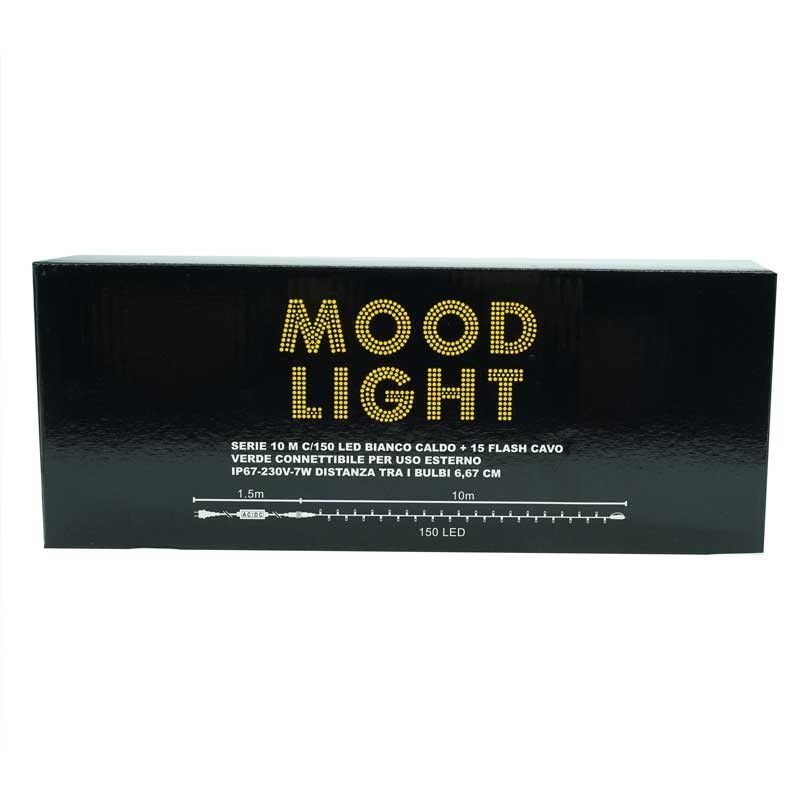 Serie di Luci da 10 metri con 135 Led Bianco Caldo + 15 Flash, Cavo in Caucciù Verde Professionale, Connettibile, Uso Esterno