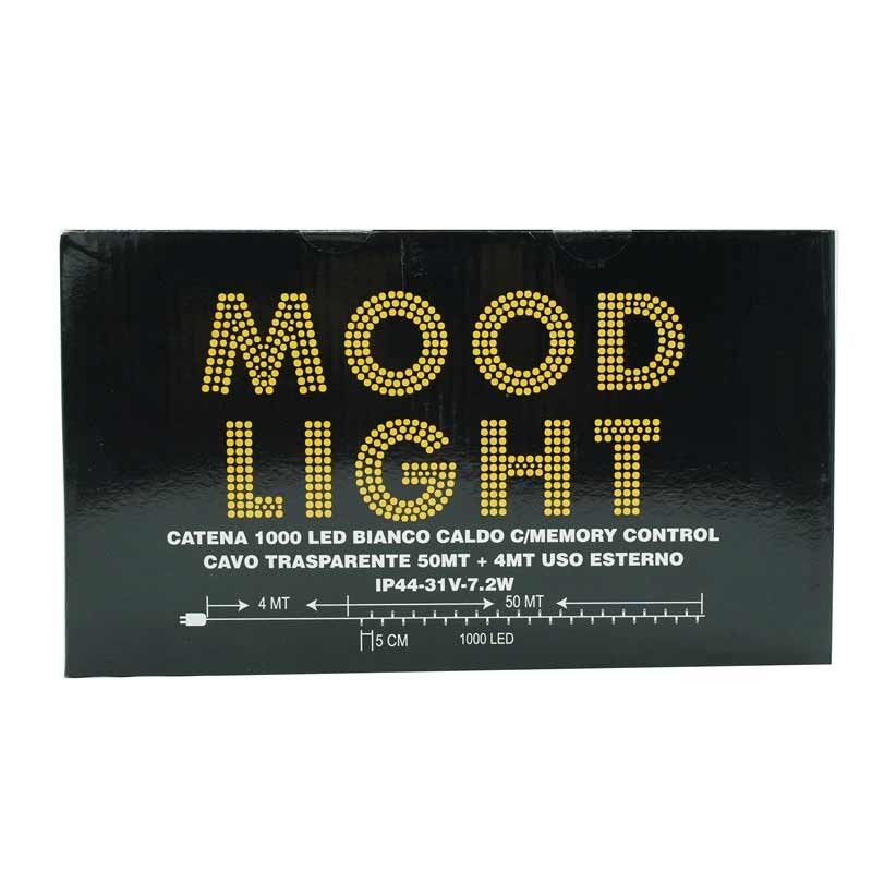 Catena Memory Control con 1000 Luci Led Bianco Caldo con Cavo Trasparente 50 metri, Uso Esterno