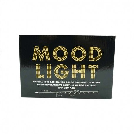Catena con 1300 Luci Led Bianco Caldo con Cavo Trasparente Memory Control 65 metri, Uso Esterno