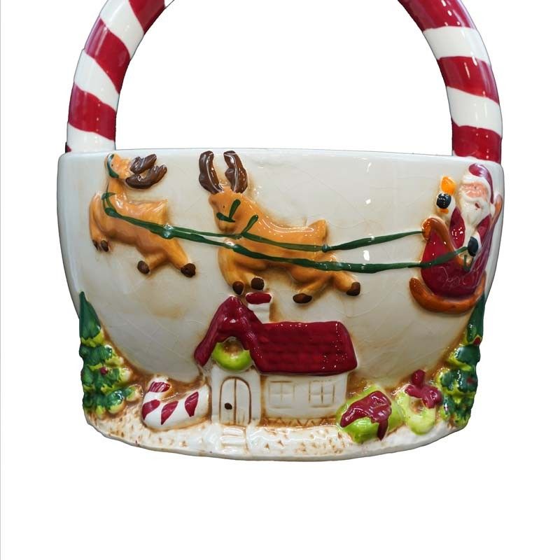 Cestino Grande in Ceramica con Manico Bianco/Rosso