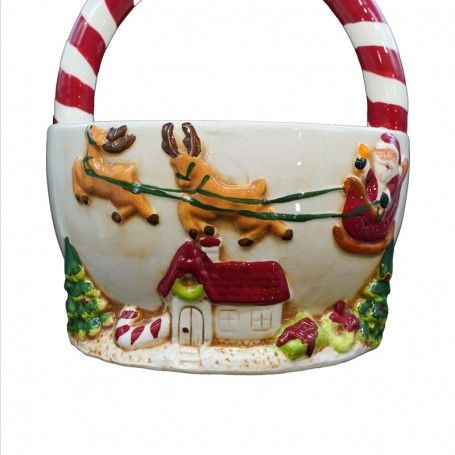 Cestino Grande in Ceramica con Manico Bianco/Rosso