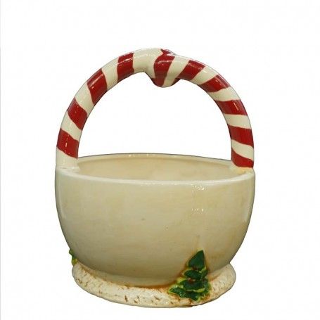 Cestino Grande in Ceramica con Manico Bianco/Rosso