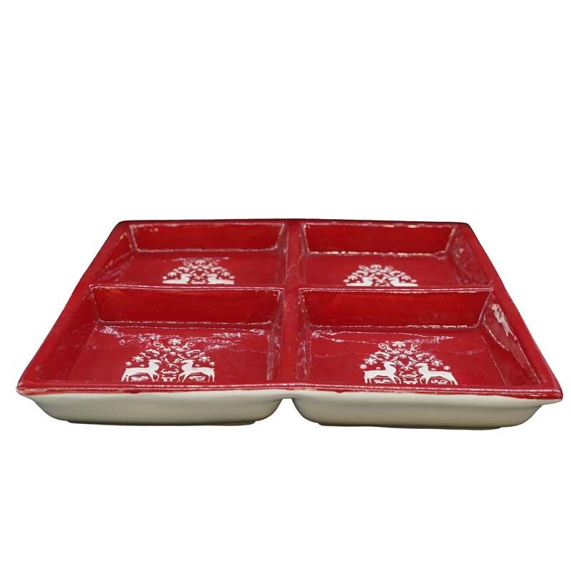 Piatto in Ceramica Rosso Diviso in 4 Sezioni