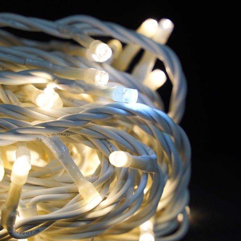 Catena con 100 Luci Led Bianco Caldo + 10 Falsh Cavo Bianco 10 metri Uso Interno