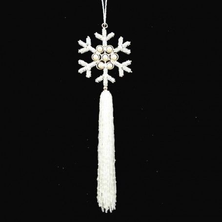 Fiocco di Neve Natalizio con Perline e Nappa da Appendere 8x23 cm