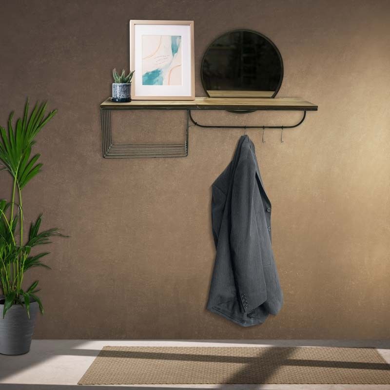 Mensola Stile Industrial in Legno con Specchio e Ganci