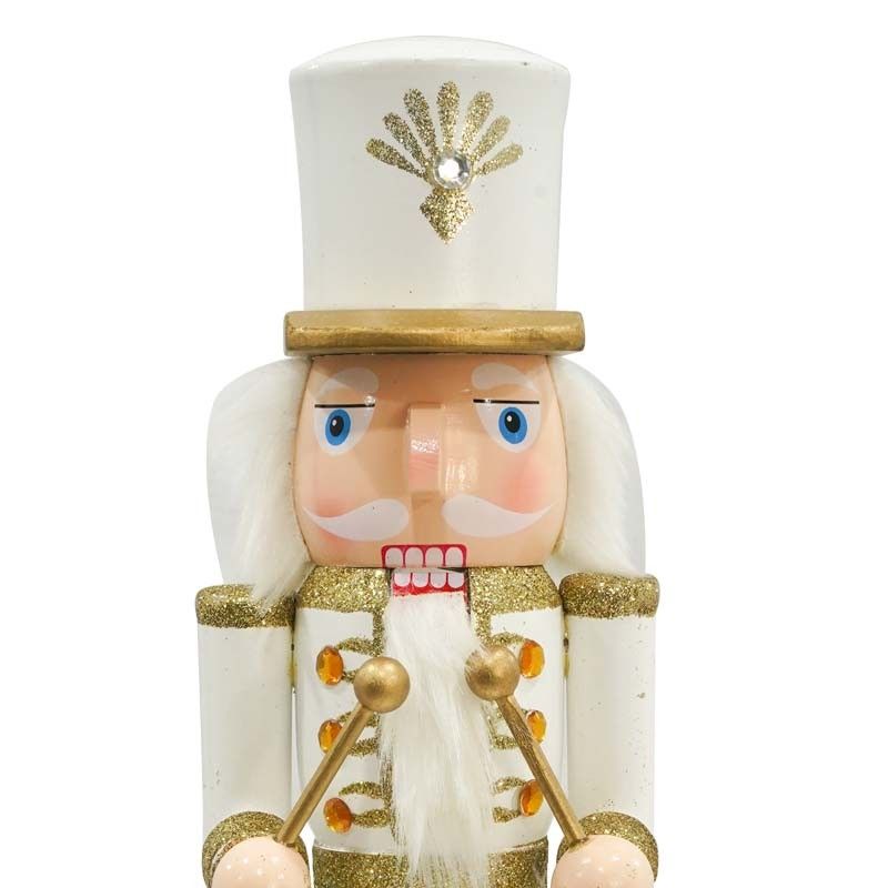 Schiaccianoci Natalizio in Legno Bianco e Oro con Tamburo H.38 e 60 cm