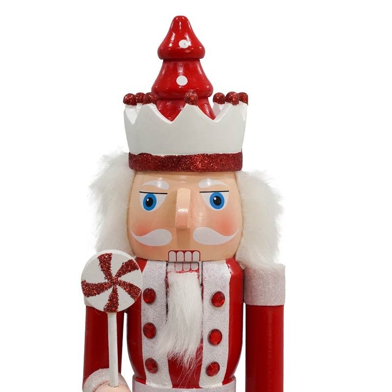 Schiaccianoci di Natale in Legno Su Piedistallo Bianca e Rossa H.38 cm