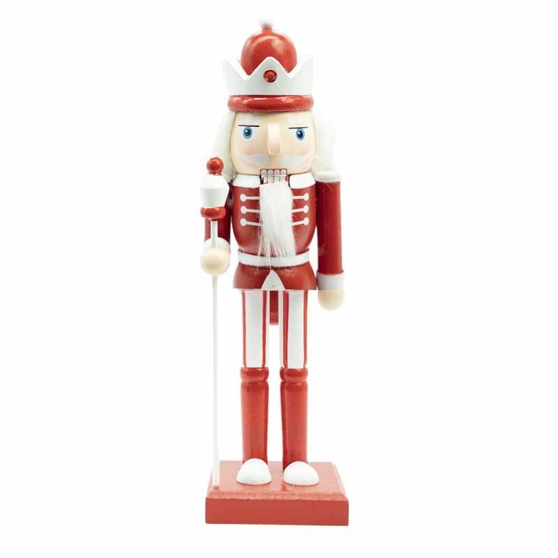 Schiaccianoci di Natale in Legno Bianco e Rosso con Scettro e Corona H.25 cm