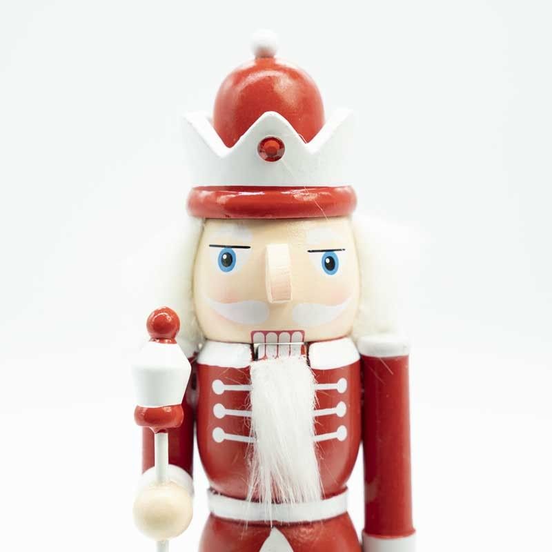 Schiaccianoci di Natale in Legno Bianco e Rosso con Scettro e Corona H.25 cm