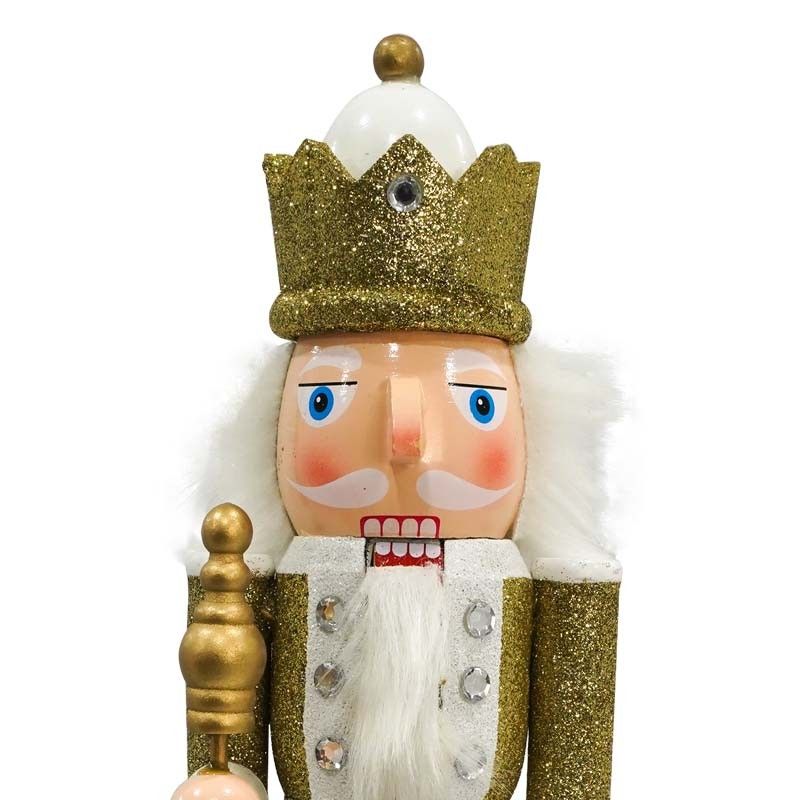 Schiaccianoci Natalizio in Legno Bianco e Oro con Scettro H.38 e 60 cm