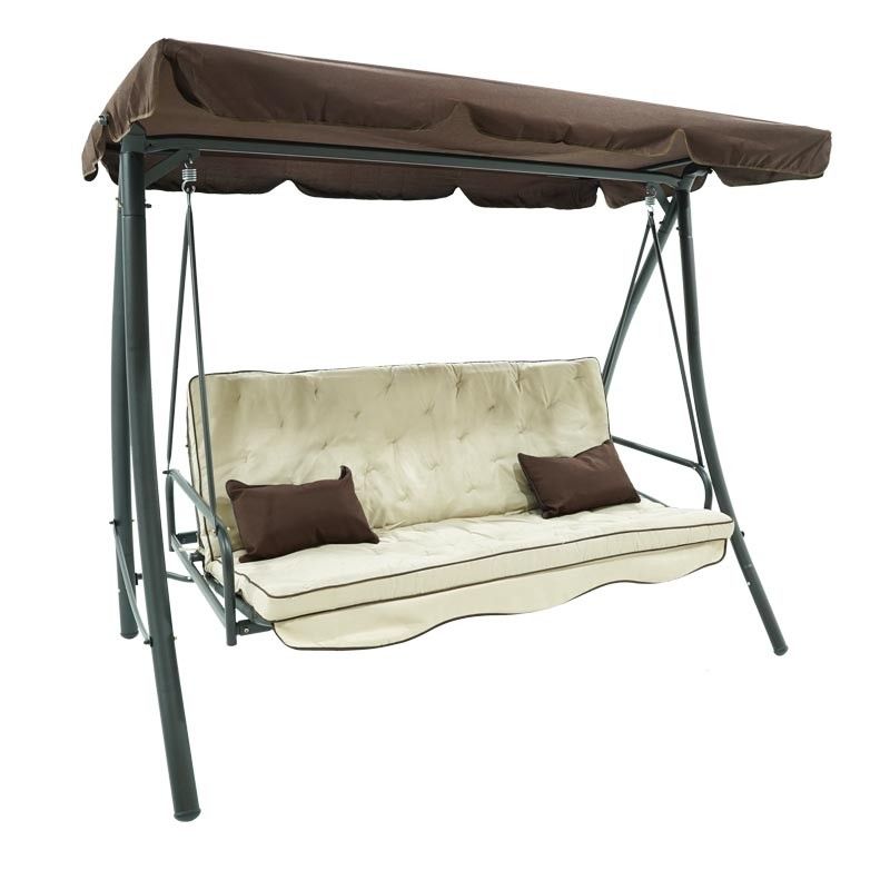 Dondolo Letto da Giardino 3 Posti con Tettuccio Parasole Grigio e Marrone