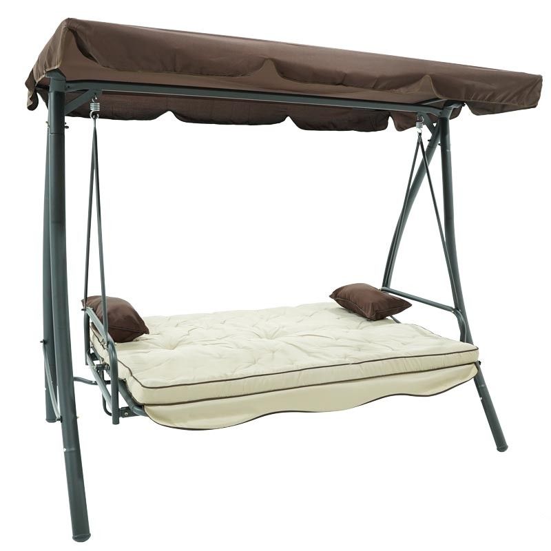 Dondolo Letto da Giardino 3 Posti con Tettuccio Parasole Grigio e Marrone