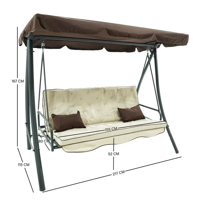 Dondolo Letto da Giardino 3 Posti con Tettuccio Parasole Grigio e Marrone