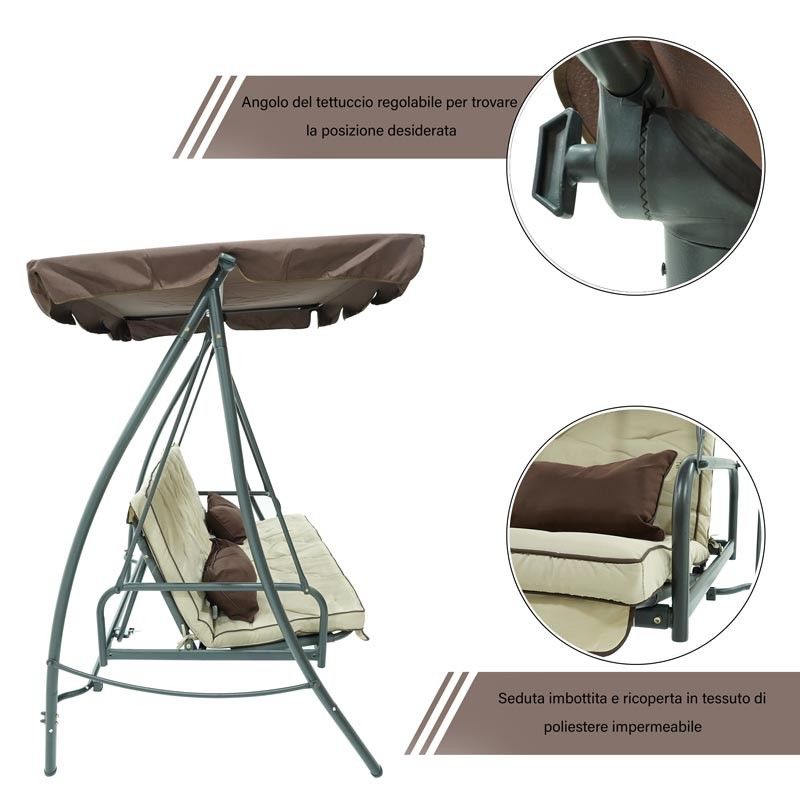 Dondolo Letto da Giardino 3 Posti con Tettuccio Parasole Grigio e Marrone
