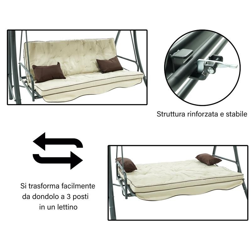 Dondolo Letto da Giardino 3 Posti con Tettuccio Parasole Grigio e Marrone