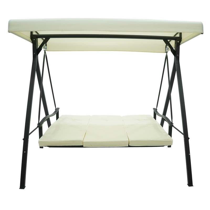 Dondolo Letto da Giardino 3 Posti con Tettuccio Parasole Grigio e Ecrù