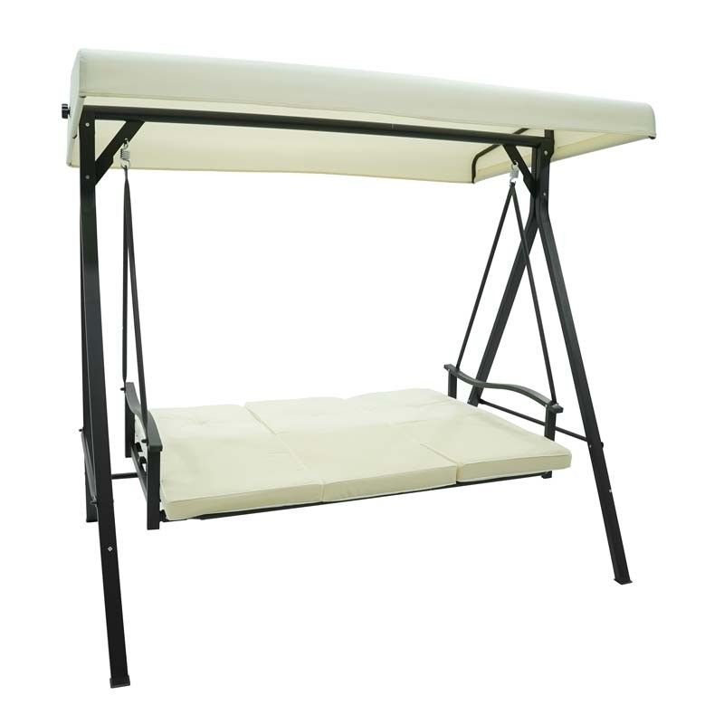 Dondolo Letto da Giardino 3 Posti con Tettuccio Parasole Grigio e Ecrù