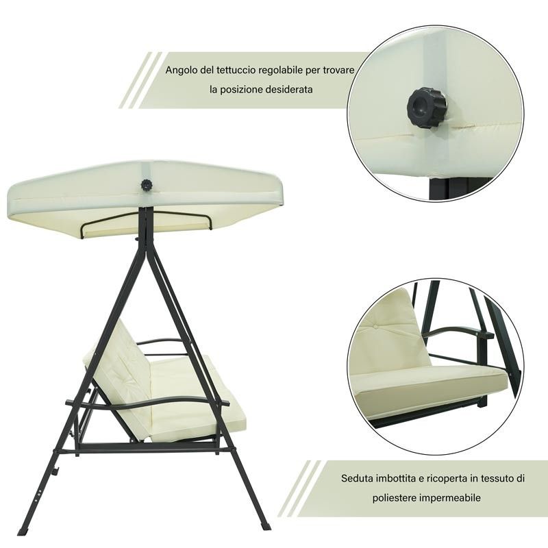 Dondolo Letto da Giardino 3 Posti con Tettuccio Parasole Grigio e Ecrù