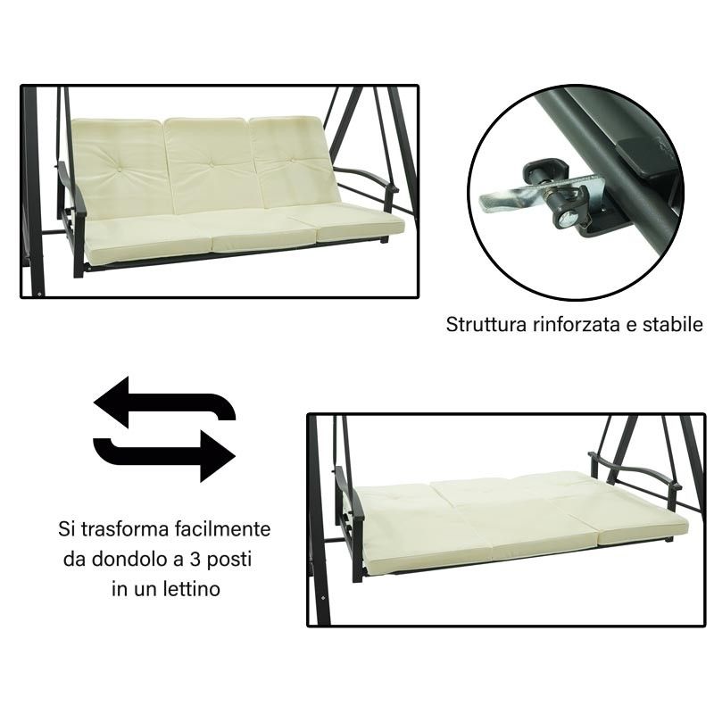 Dondolo Letto da Giardino 3 Posti con Tettuccio Parasole Grigio e Ecrù
