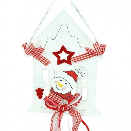 Casetta Natalizia Bianca con Pupazzo di Neve in Legno H.34 cm