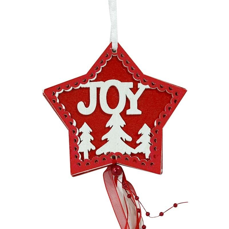 Stella Natalizia Rossa con Scritta Joy Bianca in Legno
