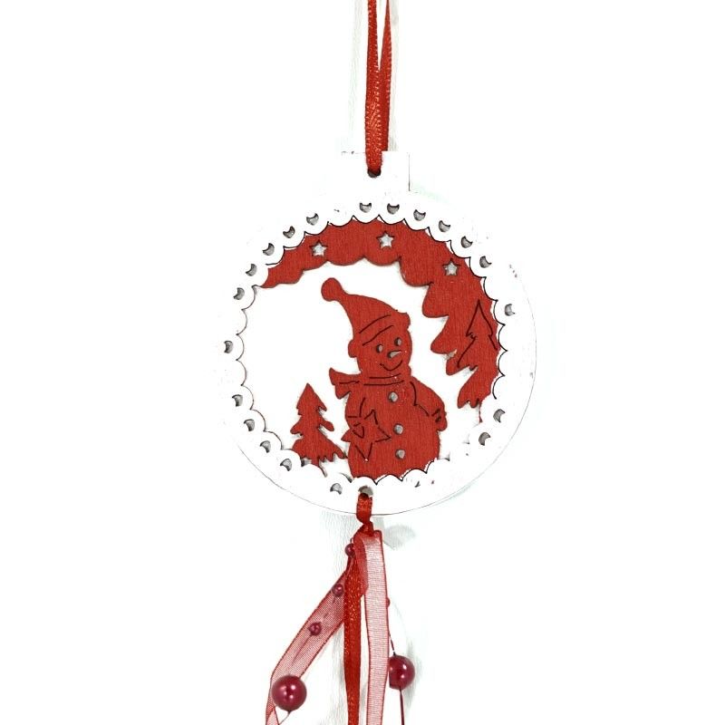 Pendente Natalizio in Legno con Pupazzo di Neve Bianco e Rosso D.7 cm