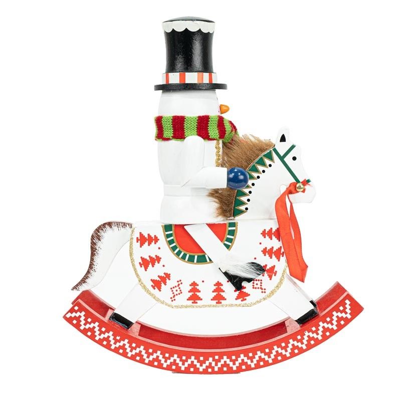 Pupazzo di Neve Natalizio su Cavallo a Dondolo H.28 cm