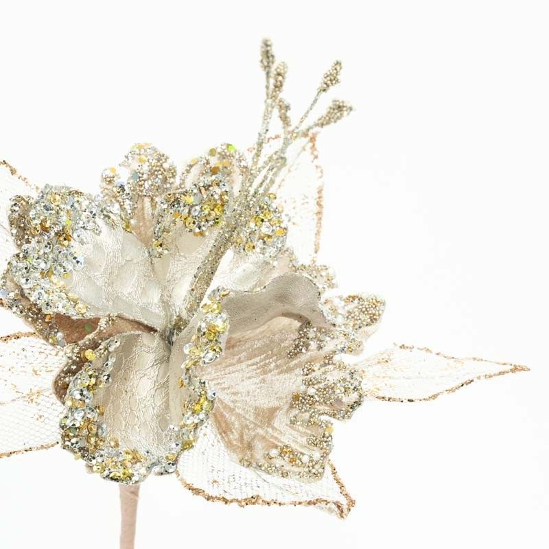 Ramo con Stella di Natale in Velluto e Rete Beige e Oro H.60 cm