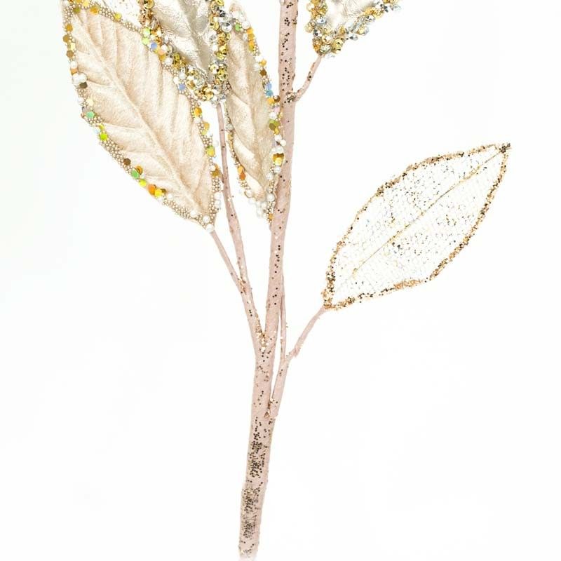 Ramo Natalizio con Foglie in Velluto Beige e Oro H.56 cm