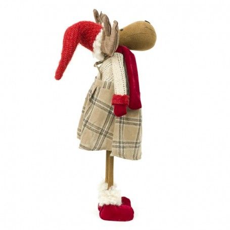 Renna Natalizia in Piedi con Gonna Beige a Quadri H.70 cm