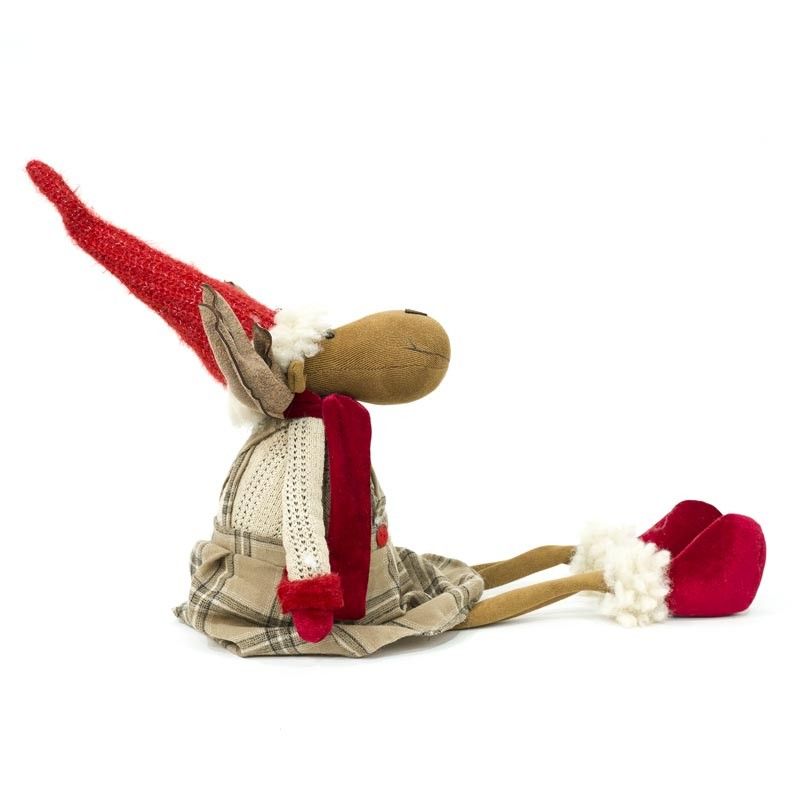Renna Natalizia Seduta con Abito Beige a Quadri H.77 cm