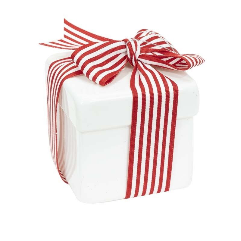 Pacco Regalo Natalizio Bianco con Fiocco a Strisce Bianche e Rosse H.10 cm