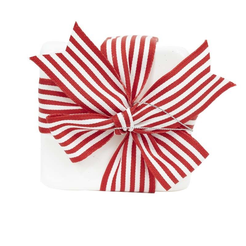 Pacco Regalo Natalizio Bianco con Fiocco a Strisce Bianche e Rosse H.10 cm