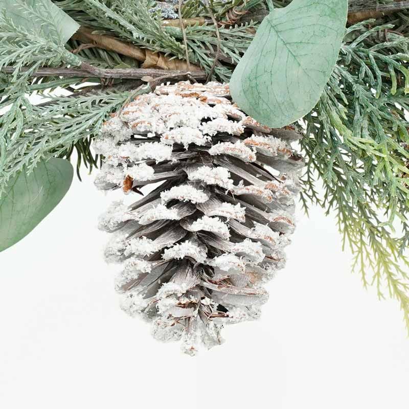 Swag Natalizio su Corona Naturale con Foglie Verdi e Pigne D.55 cm