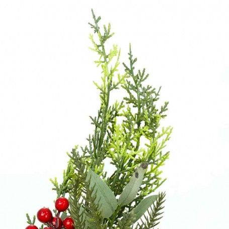 Ramo di Pino Natalizio con Foglie Verdi e Bacche Rosse H.71 cm