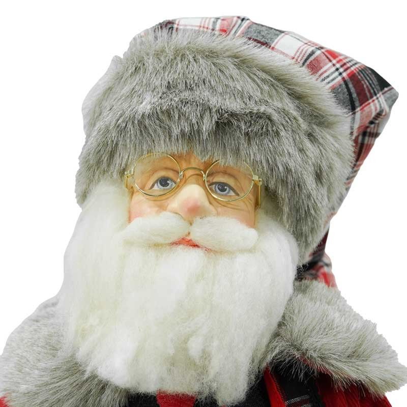 Babbo Natale su Stand con Abito Rosso e Cappello a Quadri H.80 cm