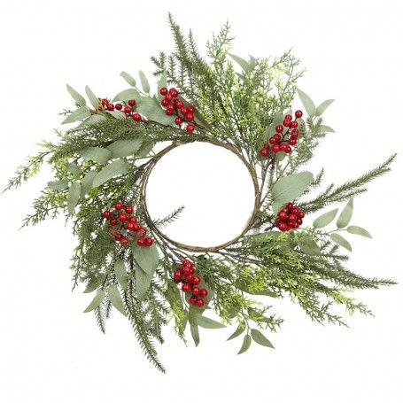 Corona Natalizia con Foglie Verdi e Bacche Rosse